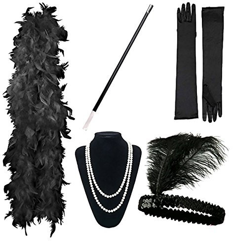 Feynman 1920er Jahre Zubehör Set, 20er Jahre Accessoires Gatsby Handheld Requisiten, Kopfbedeckung, langen schwarzen Handschuhen, Halskette, Stück schwarze Federboa