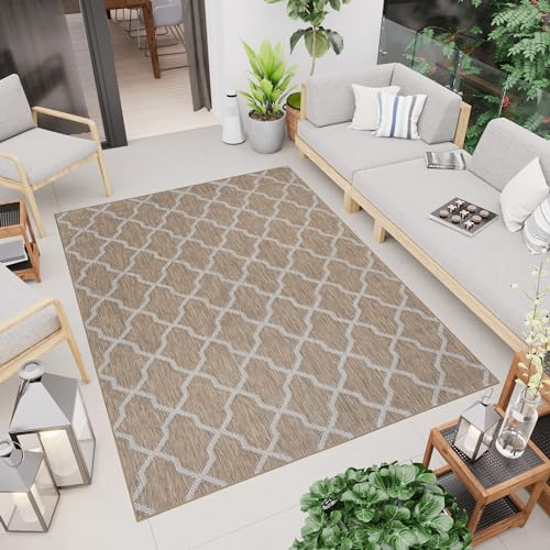TAPISO Capri Outdoor Teppich Balkon Terrasse Küche Wohnzimmer Flachgewebe Braun Hellgrau Marokkanisch Kleeblatt Sisal Strapazierfähig Modern Design Indoor 120 x 170 cm
