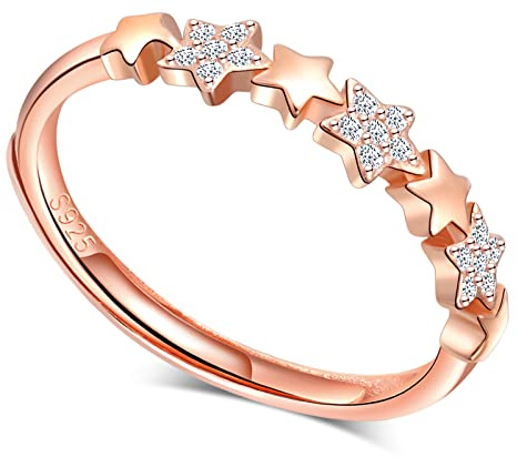 MICGIGI Damen 925er Sterling Silber Ring Eine Reihe Sterne Roségold Verstellbarer Ring mit Zirkonia