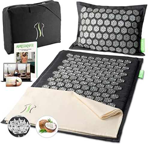 BACKLAXX ® Akupressurmatte mit Kissen für Fortgeschrittene [extreme Stimulation], Tuch und Tasche, Akupunktur Matte mit Stacheln zur Massage, Entspannung von Nacken und Schulter, Massagematte Rücken