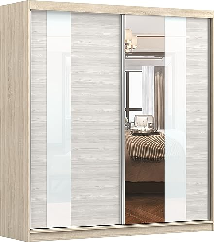 Fabryka Mebli Idźczak Kleiderschrank mit Spiegel, Schiebetüren - Schwebetürenschrank, Schlafzimmerschrank - ‎61 x 203 x 218 cm - Schrank für Schlafzimmer, Ankleidezimmer, Garderobe - Sonoma, Creme