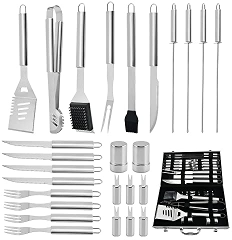 FUYTERY 26 Stück Edelstahl Zubehör BBQ Grill Tools Set Outdoor Kombination Kit mit Metall-Box Verpackung (26 STCK./Satz)