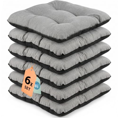 Outdoor Leinen-Optik Sitzkissen Stuhlkissen - 6er Set - 45 x 45 cm - Made in EU, Wasserdichtes & UV-beständig Gartenkissen - Stuhlauflage Stuhlpolster für Balkonstühle – Grau