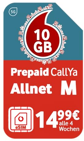 Vodafone Prepaid CallYa M eSIM | 30 GB | 15 EUR Startguthaben | ohne Vertrag | 5G-Netz | Telefon- SMS-Flat | EU-Roaming