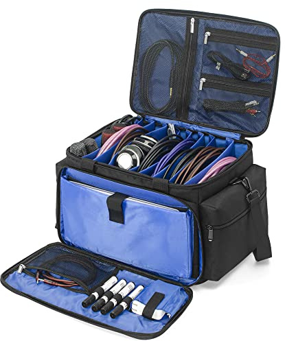 AKOZLIN Cable File Bag DJ Gig Bag Cord Organizer Case with Detachable Dividers for Laptop,DJ Gear, Sound Instrument and Music Equipment Accessories 13×8.3×8.3 Black Blue