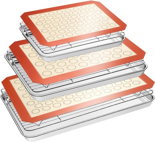 Baking Sheet Tray Cooling Rack with Silicone Mat Set, Stainless Steel Cookie Pan for Oven, Set of 9 (3 Sheets + 3 Racks + 3 Mats), Warp Resistant & Heavy Duty Easy Clean