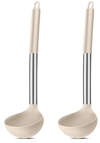 Joyfair 2-teiliges Silikon Suppenkelle Schöpfkelle Set - Khaki | 30cm Groß Soßenlöffel zum Kochen/Rühren/Servieren, Gesund & Antihaft, Edelstahlgriff, Spülmaschinenfest, Hitzebeständig