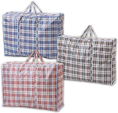 1ABOVE 3 PACKS JUMBO Strong Laundry,Shopping, Storage, Reusable Store, Cloth, Moving, Waterproof, Handles and Zipper Bags -70cmx60cmx28cm