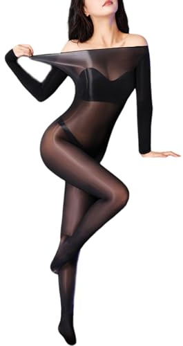 KUAIQI Sexy Body Dessous Damen，UltradüNner Sexy Full Body Stockings， durchsichtiges Bodystocking ，Ouvert GläNzende öL GanzköRper Strumpfhose Plus Size，Für Sex Party Clubwear (Schwarz-1)