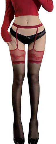 TPZORJX 1 paio di calze per reggicalze da donna - calze per reggicalze sexy a vita alta reggicalze lucide da donna con bretelle per modello di reggicalze (nero rosso)