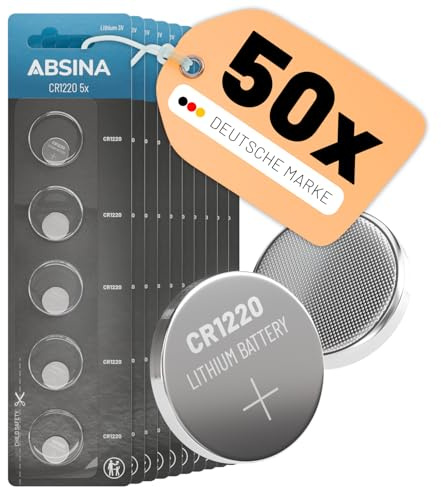 ABSINA CR1220 Knopfzelle 3V Lithium - auslaufsicher & Lange Haltbarkeit | 50er Pack Batterie CR 1220 3 Volt für Autoschlüssel, Uhr und vieles mehr - Lithium Batterien