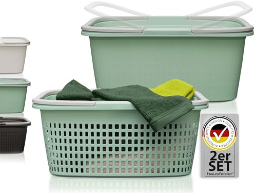 Hausfelder Wäschekorb, 2er Set, 58x37x25cm, Grün | Kunststoff, 2er Set, 58x37x25cm, für Bad & Camping, BPA-frei, stapelbar, mit Henkel, Wäschekorb, Grün, Wäschewanne