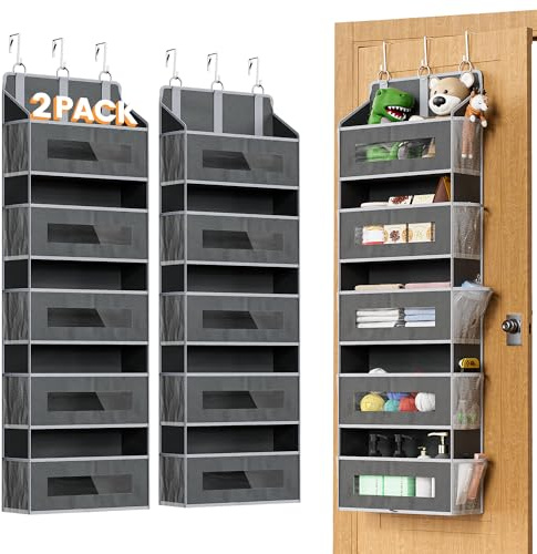 XyVoltic 2 Pack 5 Tier Over The Door Organizer - Large Capacity Behind Door Hanging Shelves with 10 Mesh Pockets and Clear Windows, Closet Organizers and Storage for Bathroom, Bedroom, Nursery, Grey