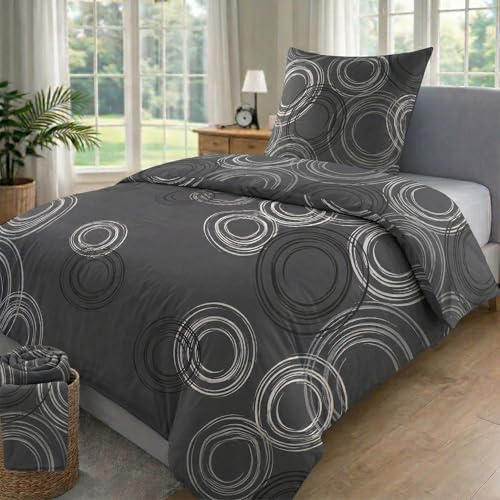 MALIKA Bettwäsche 155x220 Baumwolle Sets, Kreismuster Bettbezug 155 x 220 cm, Kissenbezug 80x80 cm, Renforcé, Oeko-TEX Bettwäsche mit Reißverschluss