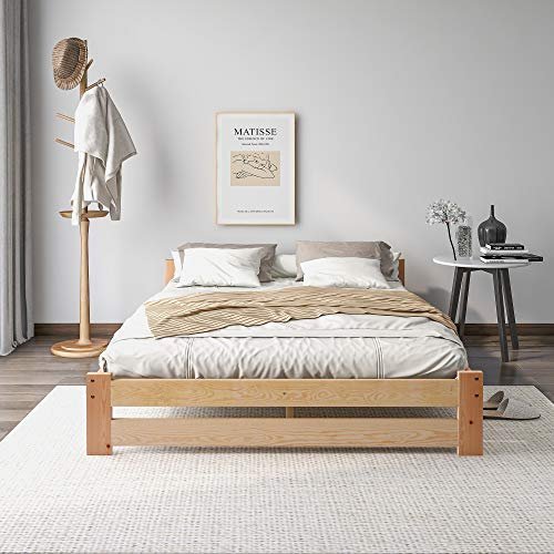 YuQozii Solide Massivholzbett Futonbett Massivholz Natur Bett aus mit Kopfteil und Lattenrost, Natur (140x200cm)