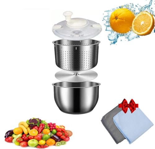 MaxTiL Salatschleuder 6L Salatschleuder Edelstahl Großer Gemüsewäscher, Obstwäscher Mit PP-Deckel for Obstwäscher Nudel- Und Pommes-Frites-Schleuder Salattrockner