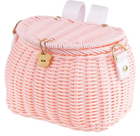 Nicear Fahrradkorb-Set, Fahrradzubehör, Fahrrad-Roller-Dreiradkorb, handgewebter Rucksack mit Bezug, Schultergurte, Rattankorb, vorderer Lenkerkorb, rosa Korb