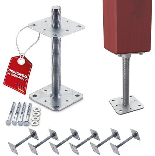 SOTECH Kit de 6 supports de poteau 110 x 110 x 250 mm Filetage M24 Acier galvanisé à chaud Ancrage réglable en hauteur Pied de sol à visser Résistant aux intempéries