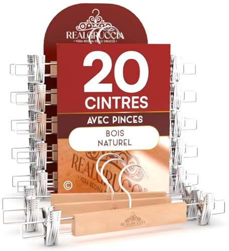 20 Cintres à Pinces en Bois pour Pantalons Jupes Vêtements 13x33cm - RealGruccia Finition Brillante - Clips Réglables Peu Encombrantes et Crochet Pivotant à 360° en Métal Résistant