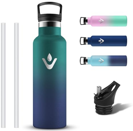 Grsta Botella Agua Acero Inoxidable 500ml, Prueba de Fugas Botella Agua Niños con Pajita y Filtro, con 2 Tapones, Reutilizable Cantimplora Termica sin BPA para Gym, Bicicleta, Viaje, Oficina