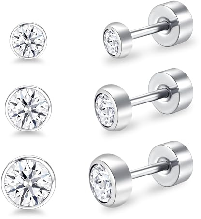 Artskin Pendientes de tuerca de titanio para mujer, con parte trasera plana, hipoalergénicos, de cristal, aretes de cartílago de plata, 3 mm, 4 mm, 5 mm, plata, negro, dorado, rosa