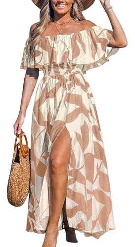 CUPSHE Women Ruffle Floral Summer Dress Off Shoulder Tube Backless Flounce Bodice Side High Slit Casual Sundress Beach Maxi Dress,Tan White M
