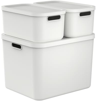 Rotho Albula 3er-Set Aufbewahrungsbox mit Deckel 1x55l +2x12l Kunststoff (PP recycelt), weiß