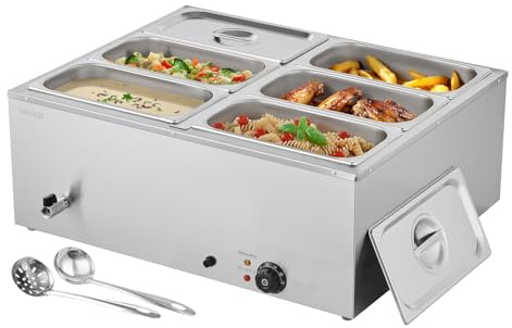 VEVOR Chauffe-Plat Électrique à Vapeur 1500 W, Buffet Chauffant en INOX, Bain-Marie avec 6 Bacs de 1/3, Couvercle et Louches à Soupe et Perforées, pour Servir Buffet en Libre-Service Restauration