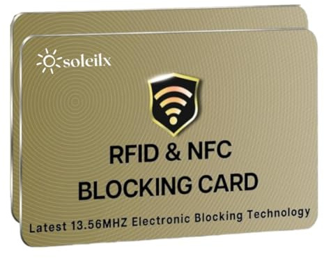 soleilx Carte di Blocco RFID/NFC – 2 Pezzi Schermatura Contactless per Carte di Credito, Bancomat, Passaporto e Documenti d’Identità – Protezione Portafoglio contro lettura non autorizzata (Simil Oro)