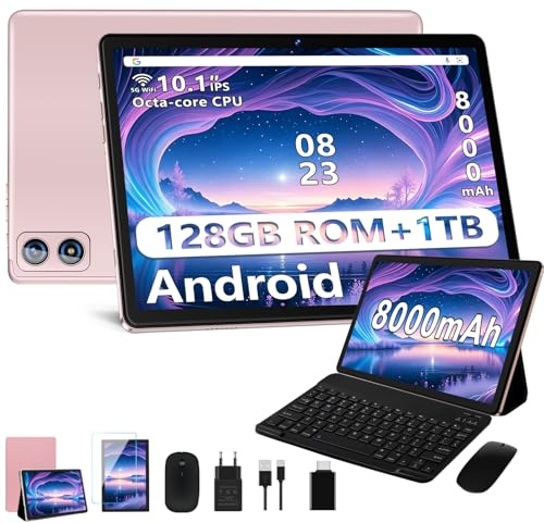 Dghrti Tablet Android, 22GB RAM+ 128GB ROM (Expandable 1TB TF), 8000mAh, Widevine L1, BT5.0, 8+5MP Tableta with Mouse - Gold