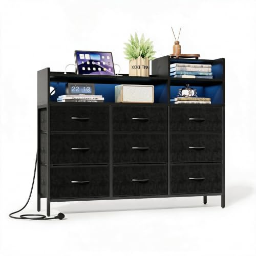 IRONCK Kommode mit Schubladen, Schubladenschrank mit LED-Beleuchtung & Ladestation, 9 Stoffschubladen & 3 Offene Fächer, Moderner Schubladenschrank für Schlafzimmer & Wohnzimmer (Schwarz)