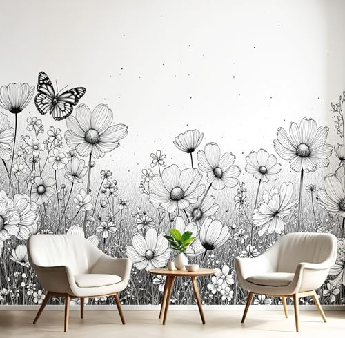 Fototapete, 350x250cm Wandtapete Garten-Tuschezeichnung XXL Seide Tapeten Wildblumen Und Schmetterlinge 3D Effekt Wallpaper Wandbilder Wanddeko für Wohnzimmer Schlafzimmer, Grau