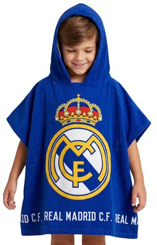 Real Madrid Toalla Poncho para Niños, Toalla de Playa, Toalla de Baño con Capucha, Toalla Natación Infantil