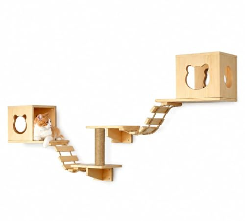 COTTECOTA-Mueble de Pared para Gatos, Madera, con Estantes, Rascadores y Escalera Puentecilla, 250x150x40 cm CT-01471