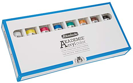 Schmincke – AKADEMIE Acryl, Grundsortiment 8 x 60 ml-Tuben, 76 011 097, Kartonset, brillante, farbstarke, hoch lichtechte Farbtöne, kadmiumfrei, feine Künstler-Acrylfarben