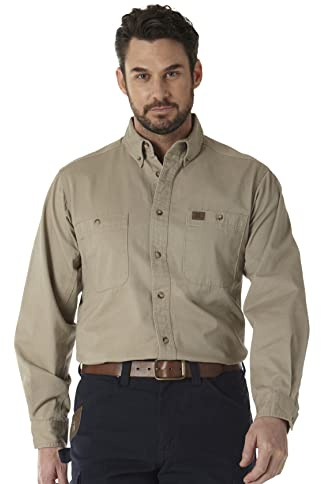 Wrangler Men's Logger Twill Long Sleeve Workshirt SHIRT, Khaki, L