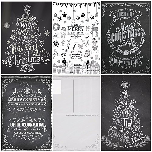 50 Weihnachtspostkarten Pack CHALK X-Mas : 50 Nostalgische Weihnachtspostwagen (5 Motive x 10 = 50 Karten) in Schwarz und Weiß und Retro/Vintage Stil