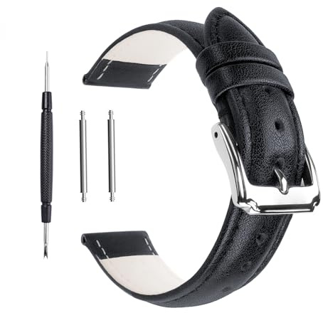 Berfine Ersatz-Uhrenarmband aus Kalbsleder, extra weiches Leder Uhrenarmband für Herren und Frauen, Schwarz Braun, 14mm 16mm 18mm 20mm 22mm