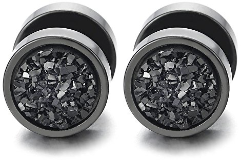 10MM Herren Damen Edelstahl Schwarz Kreis Ohrringe Ohrstecker mit Funkeln Schwarz, Fake Plugs Ohr Cheater Tunnel Gauges