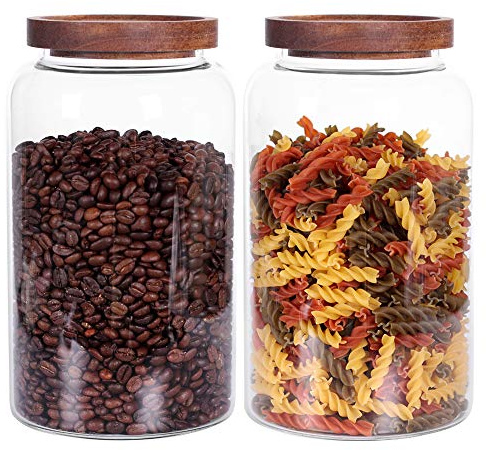 Large Glass Jar with Airtight Lid Set of 2 93 FL OZ(2750ml) glass canister set, Glass Food Containers Wooden Lid Suit for Kitchen Pantry for Flour, Tea, Coffee Beans, Sugar, Cookies(8.8 inch high)
