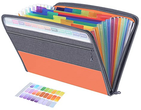 Expanding File Organisers,13 Pockets Document Organiser Box Files, Rainbow Filing Folder, Fun Storage Accordian A4 Folders, Portable Files Wallets Plastic Documents Paperwork Boxes with Zip (Orange)