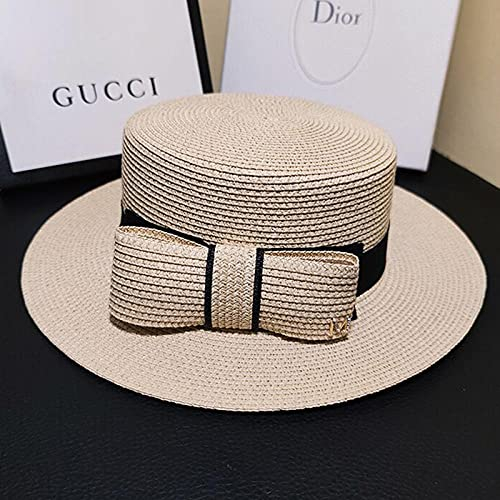 Sonnenhut Strohhut Hut Damen Bogen Weibliche Sonnenhüte Stroh Panama Elegante Breite Krempe Strandhut Frauen Sun Cap-Beige