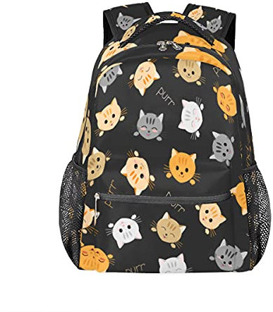 SEEKJOYS Rucksack mit Cartoon-Katzen-Porträt, personalisiertes Muster, Büchertaschen, Freizeit-Rucksack für Teenager, Jungen und Mädchen, Rucksack, Laptop, athletisch, Outdoor, Camping, Reisen,