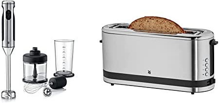 WMF Lineo Edelstab Stabmixer 4 in 1: Pürierstab, Schneebesen, 700 Watt, inkl. Mixbehälter (1l), cromargan matt/silber & Küchenminis Toaster Langschlitz mit Brötchenaufsatz, 2 Scheiben, XXL, 900W