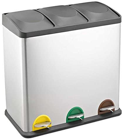 EVRE Stainless Steel Multi Compartment Recycling Bin with Removable Inner Buckets, Odour Seal, Non Slip Base Dustbin for Rubbish Trash Waste Indoor Kitchen Office Home (60L, 3x20L Compartments)
