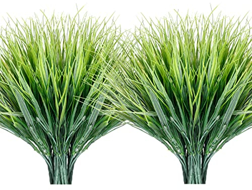 Honsoste Künstliche Gräser 16 Bündel im Freien UV-beständig Indoor gefälschte helle Gras kein Verblassen Faux Kunststoff Greenery Sträucher Garten Veranda Fenster Box dekorieren (grünes Gras)