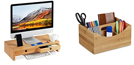 Relaxdays Monitorständer, aus Bambus, Bildschirmerhöhung mit 2 Schubladen & Ablagen, HBT 12x56x27cm, Natur & Schreibtischorganizer Bambus, Stifteköcher, 4 Fächer, HxBxT: ca. 12 x 25 x 18 cm, Natur