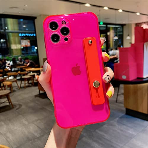 Custodia Quadrata Trasparente di Colore Fluorescente per iPhone 13 12 Mini 11 Pro Max XR X XS 6 7 8 Plus SE2 Supporto per Cinturino da Polso Cover Luminosa,Rosa,Per iPhone 11