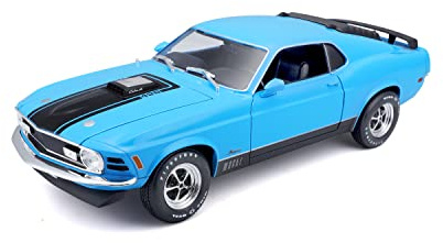 Maisto Ford Mustang Mach 1 (1970): Modellbil i skala 1:18, dörrar, bagageutrymme och motorhuv rörlig, blå (531453B)