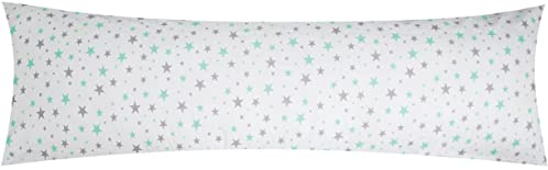 Renforcé Seitenschläferkissen Bezug 40x145cm - Sterne Grün (KY-640/1) | in Grau, Weiß und Grün - 100% Baumwolle, Kissenbezug, Kissenhülle, Reißverschluss auf der langen Seite